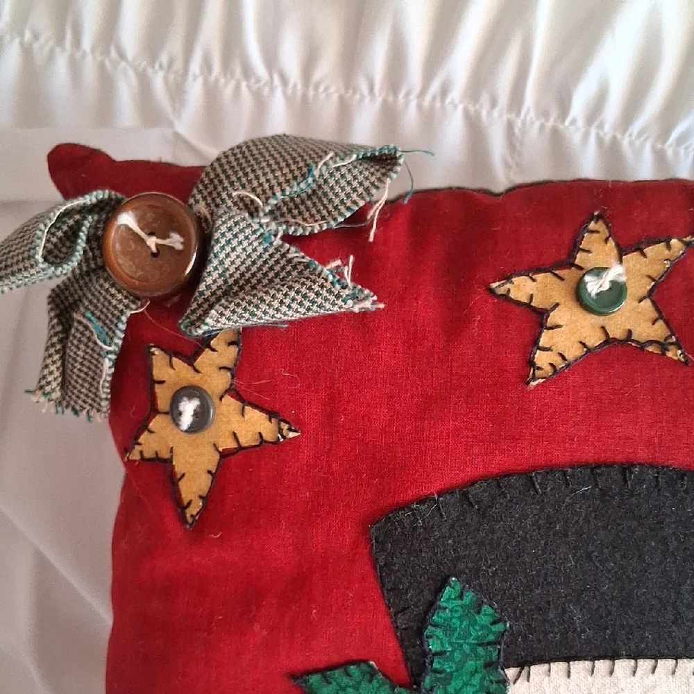 Festive Snowman Holiday Pillow - Red and Black Handstiched Vintage